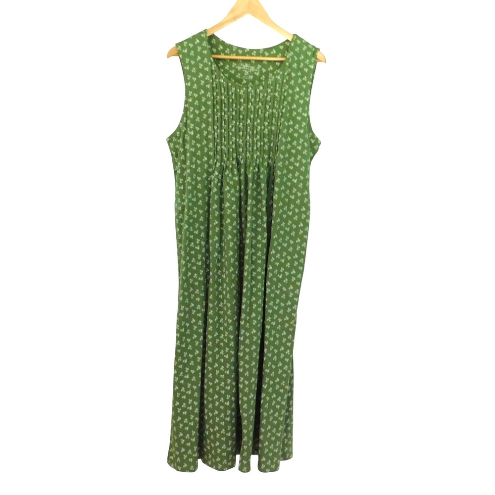 Womens Green Floral Long Dress Pintuck Tie Blue Sleeveless Modest Petite L LP